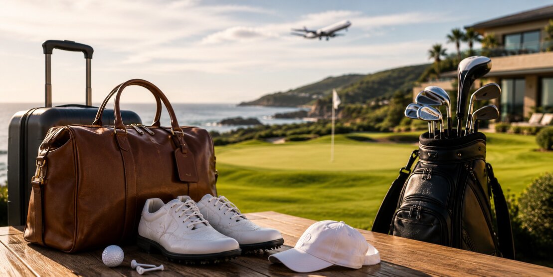 Golfista in aeroporto pronto a partire per un viaggio