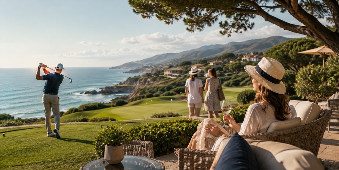 Coppia in relax a bordo piscina vicino a un campo da golf